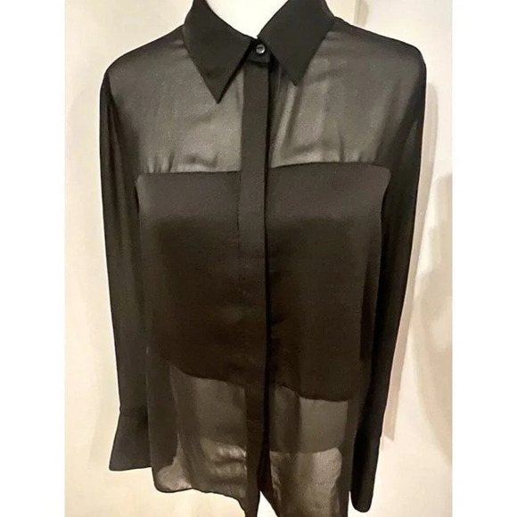 SM Woman's INC Black Long Sleeve Button Down Shirt Sheer Panels Collared - Picture 2 of 11